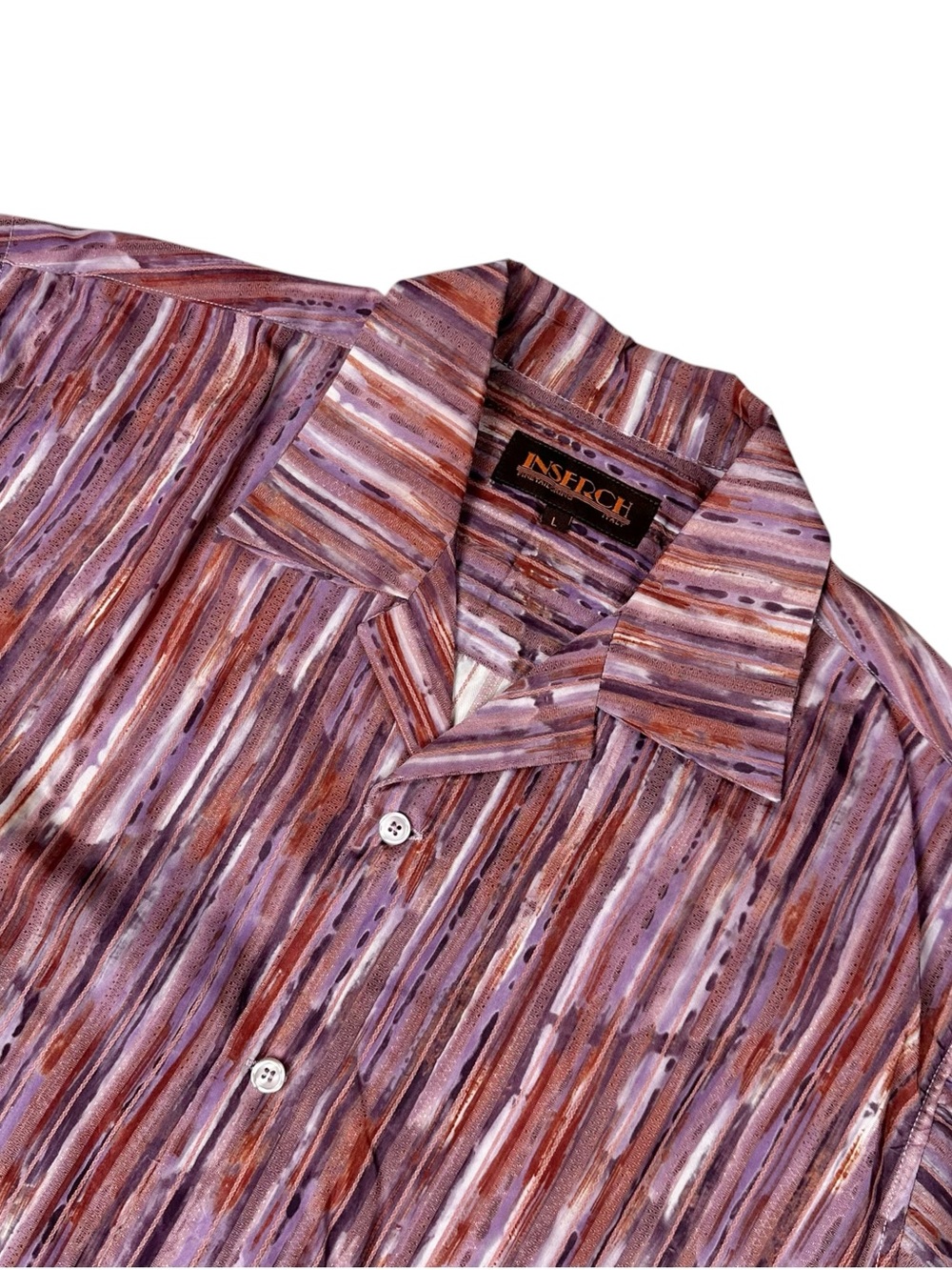 Vintage INSERCH Mens Large L Camp Shirt Abstract Stripe Purple Red Short Sleeve